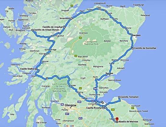 Mapa del recorrido por Escocia indómita en tierra de castillos